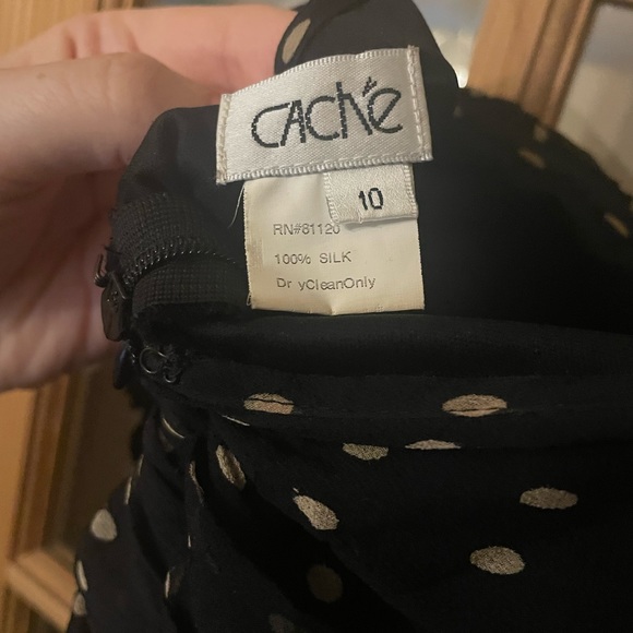 Timeless like new black and tan polka-dot silk chiffon midi cocktail dress! - Picture 5 of 6